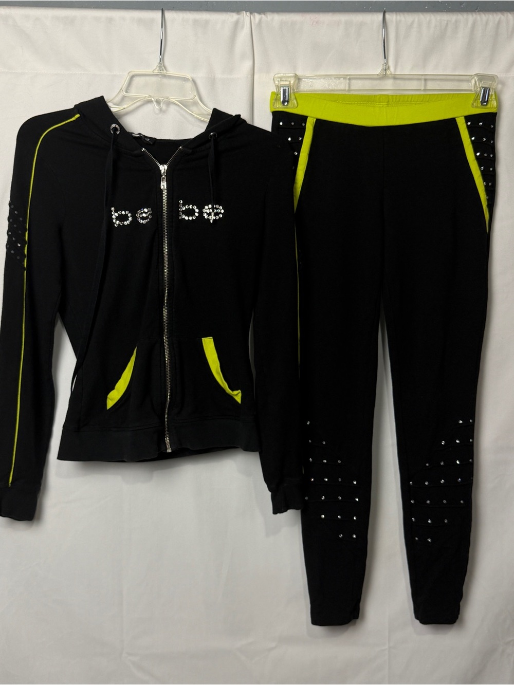 Y2K Bebe Rhinestone Tracksuit Set Black Lime Sz Small Bling Sporty Set